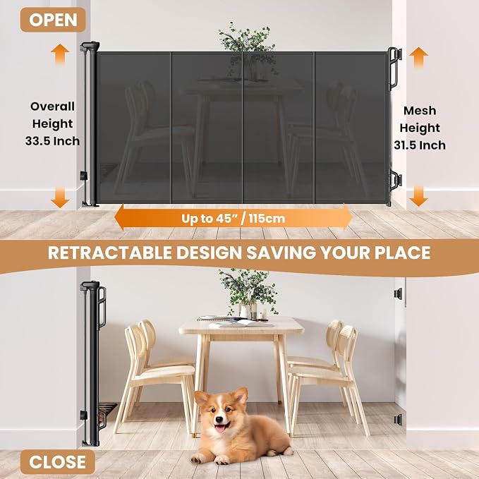 Reinforced Retractable Baby Gate or Mesh Dog Gate, Wide Pet Gate 33.5" Tall - Image 2