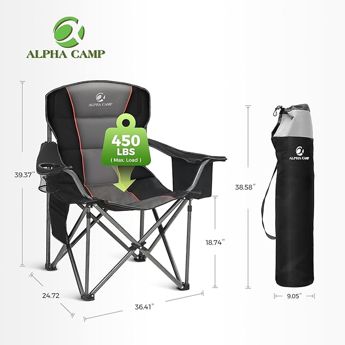 Black Camping Chair with Cooler Bag and 500 lb Capacity