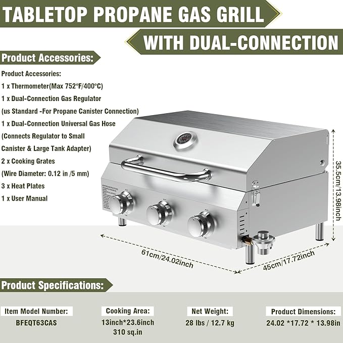 Bestfire 3-Burner Tabletop Gas Grill - Image 6