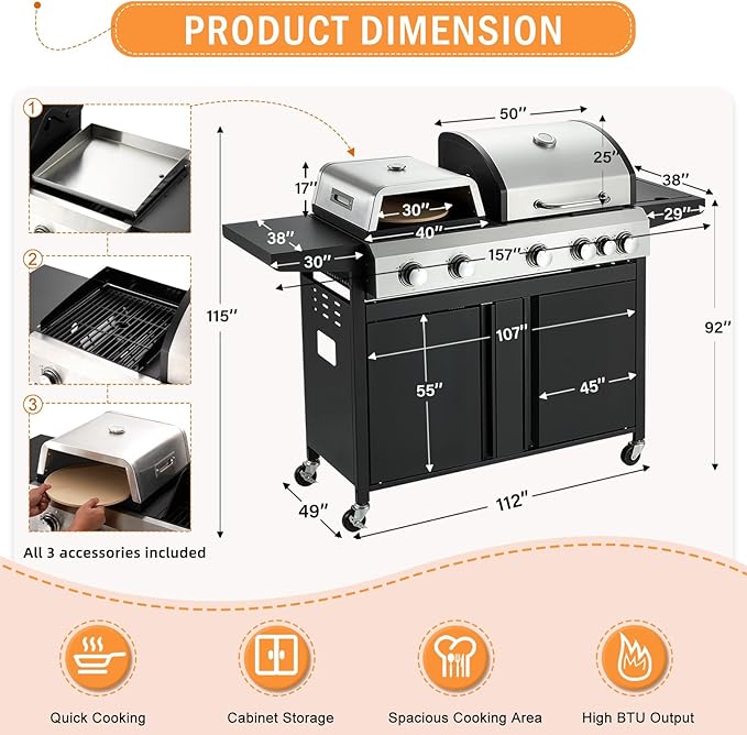 MELLCOM 3 IN 1 Pizza Griddle Grill Combo, 000 BTU 5 Burner Stainless Steel - Image 2