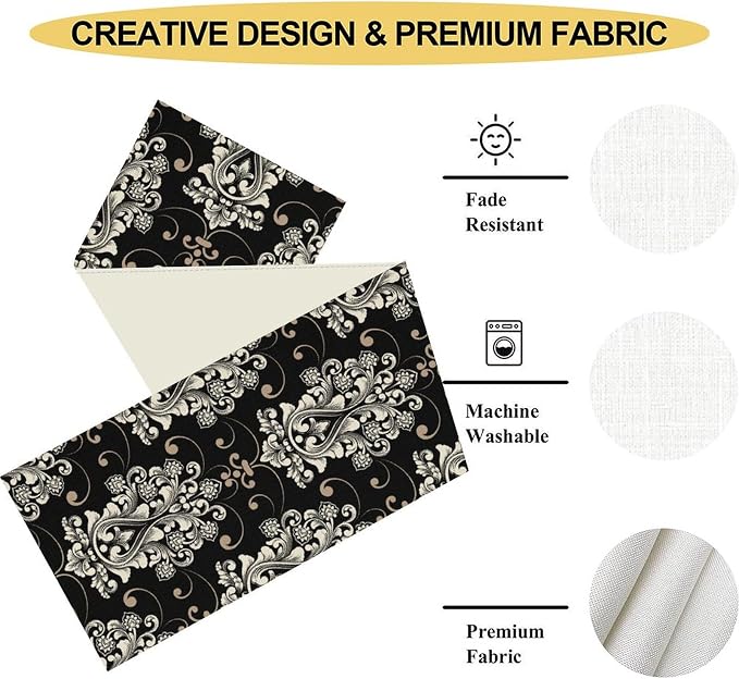 Goth Table Runner, Antique Gothic Damask Pattern Baroque Style Black Floral - Image 5