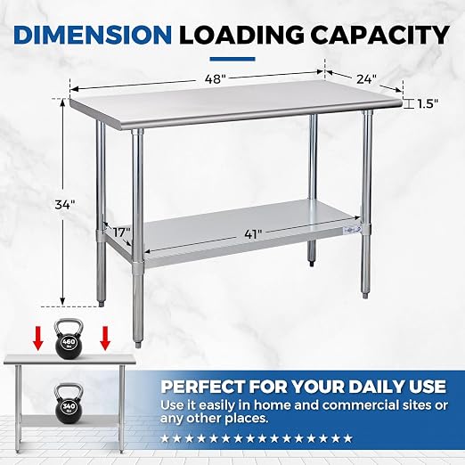 Profeeshaw Stainless Steel Prep Table 48x24 Inch NSF Commercial Work Table - Image 2