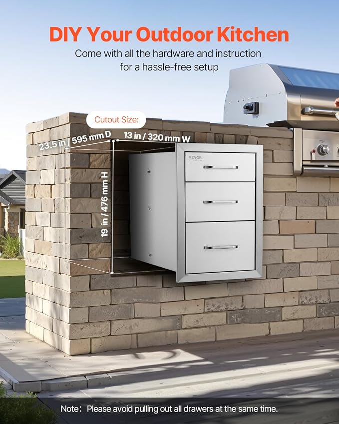 VEVOR 14x20.3 Inch Outdoor Kitchen Drawers Stainless Steel, Flush Mount Triple - Image 7