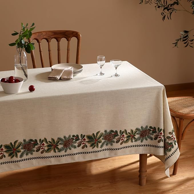ISAENNE Designer Christmas Linen Extra Long Rectangle Tablecloth, Light Beige - Image 3