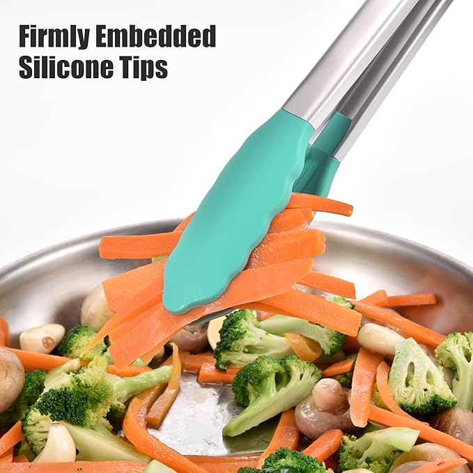 Stainless Steel Kitchen Tongs with Silicone Tips, 17.2 Inch, Aqua Sky