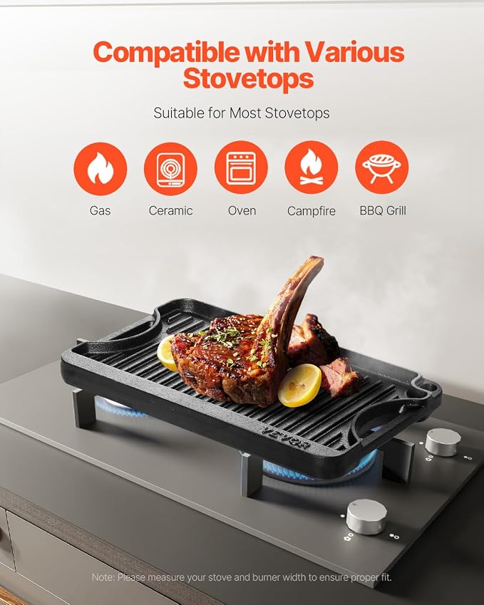 VEVOR Reversible Grill/Griddle, 14x8.5 inch Pre-Seasoned Cast Iron Griddle - Image 3