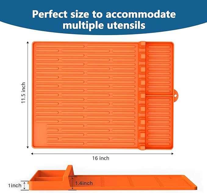 Silicone Grill Mat, 16 x 11.5 Inch Orange with 8 Tableware Slots