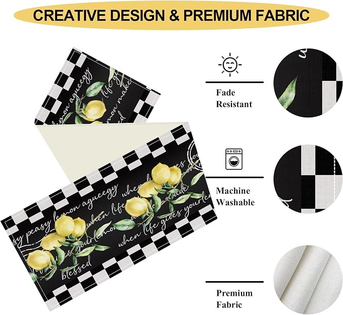 Lemon Table Runner, Farmhouse Black Buffalo Plaid Seasonal Summer Spring Fruits - Image 4