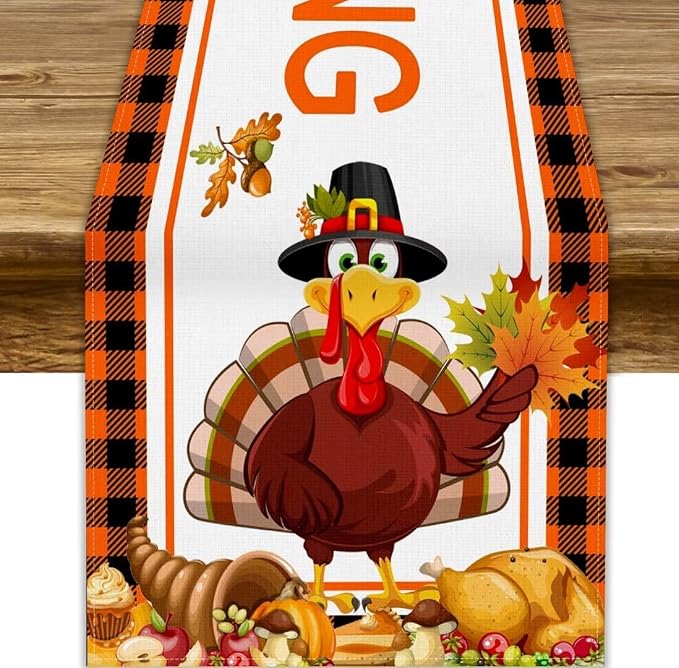 Happy Thanksgiving Table Runner, Autumn Pumpkin Maple Leaves Turkey Print Fall by JanJCurt