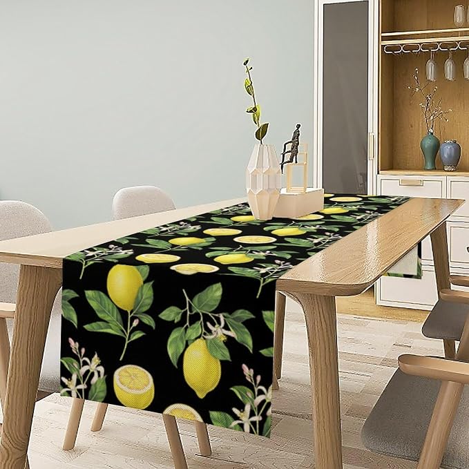 Watercolor Lemon Table Runner, Spring Summer Seasonal Green Leaves Flowers - Image 2