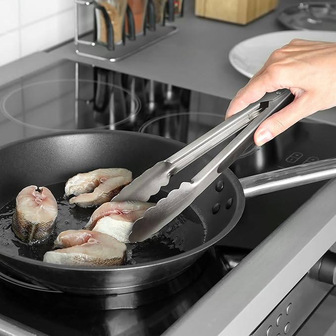 Tongs: Black 304 Stainless Steel with Locking Clip and Non-Slip Grip