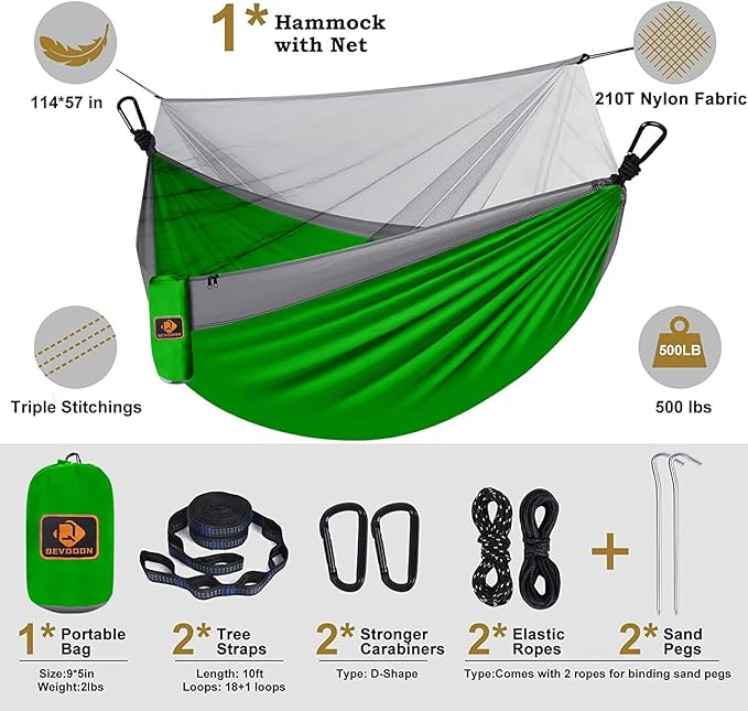 Double Travel Hammock with Mosquito Net, Parachute Nylon, Green