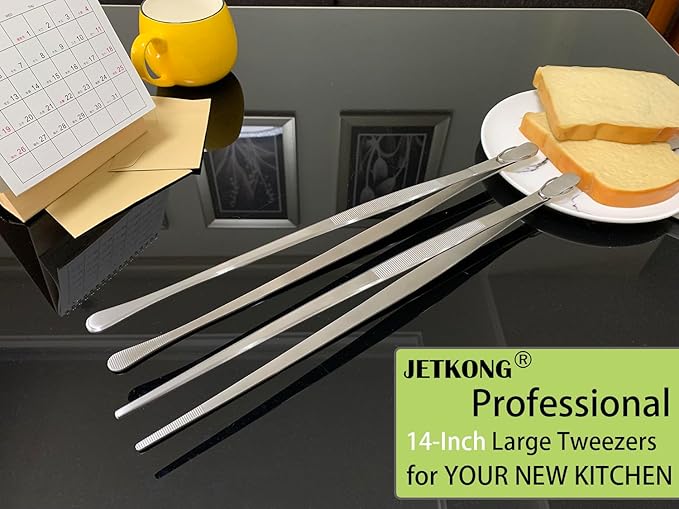 Tongs, 2-Pack 14-Inch Stainless Steel Kitchen Tweezers in Silver
