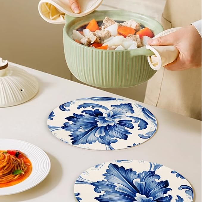 Faux Leather Placemats Set of 4, Watercolor Blue and White Porcelain Patterns - Image 5