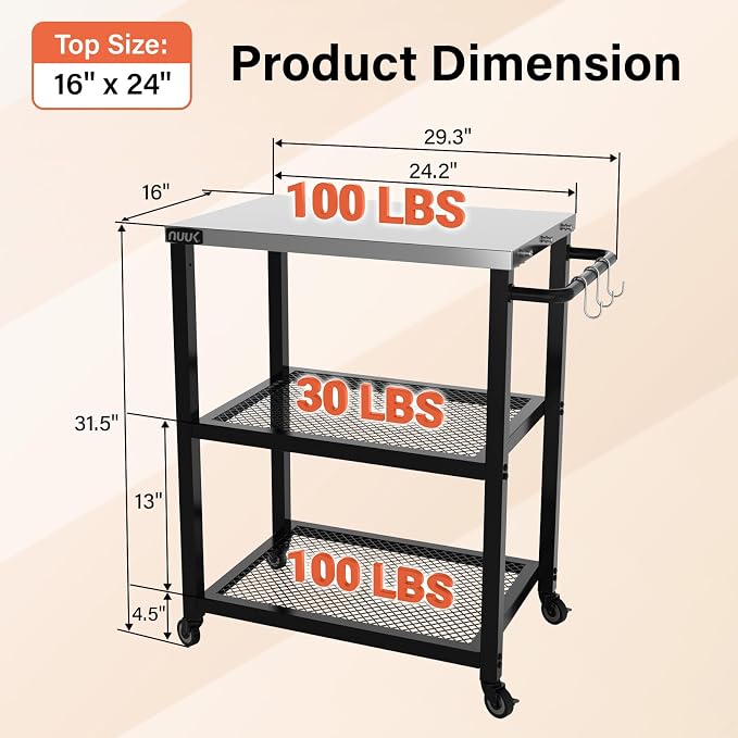 NUUK Grill Cart 16" x 24" Dining Prep Table 3-Shelf Kitchen Worktable Rolling - Image 4