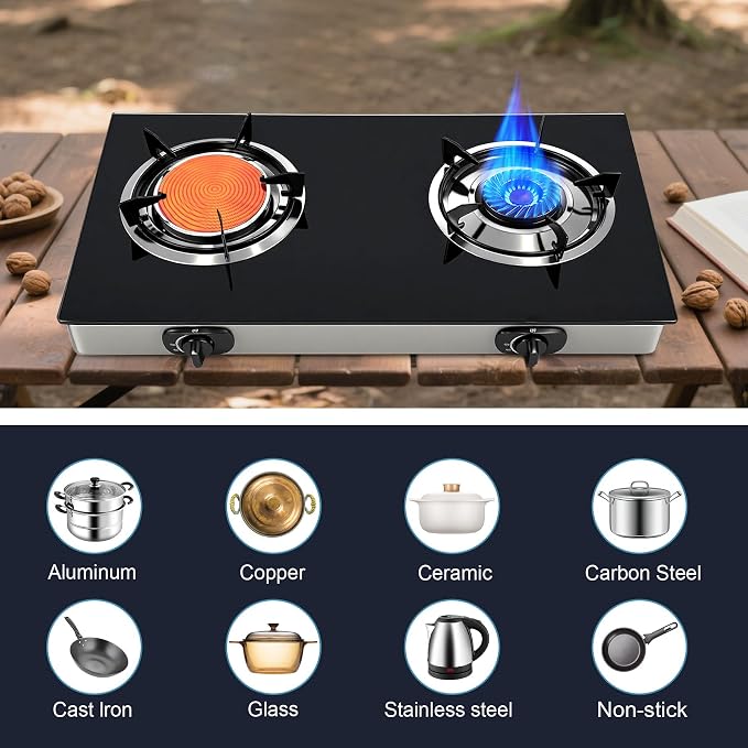 2 Burner Propane Gas Stove, 20472 BTU/h Portable Tempered Glass Camping Stove - Image 3