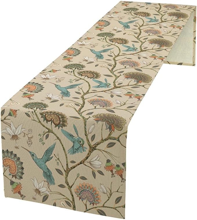 Floral Bird Table Runner, Vintage Boho Flower Birds Print William Morris Style by Unknown