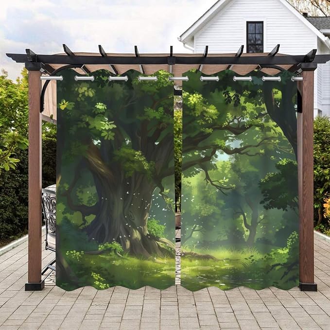 Nature Theme Outdoor Curtains for Patio Waterproof, Forest Pattern, Waterproof by Lirduipu
