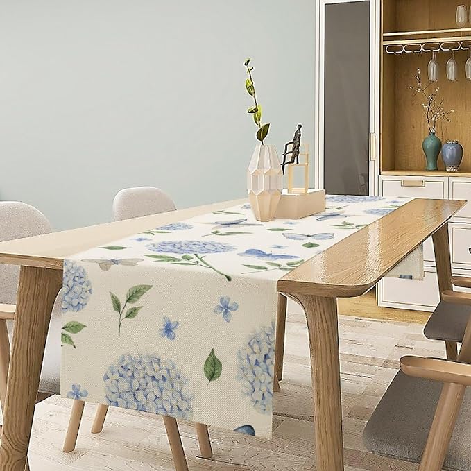 Spring Hydrangea Table Runner, Summer Moth Watercolor Sky Blue Butterfly - Image 2