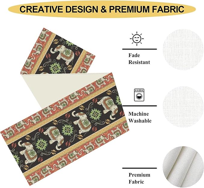 Boho Elephant Table Runner, Rustic African Tribe Indian Diwali Floral Ethnic - Image 5