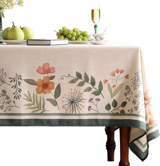 Beige Linen Long Rectangle Tablecloth, Vintage French Shabby Chic Floral by bilingaier