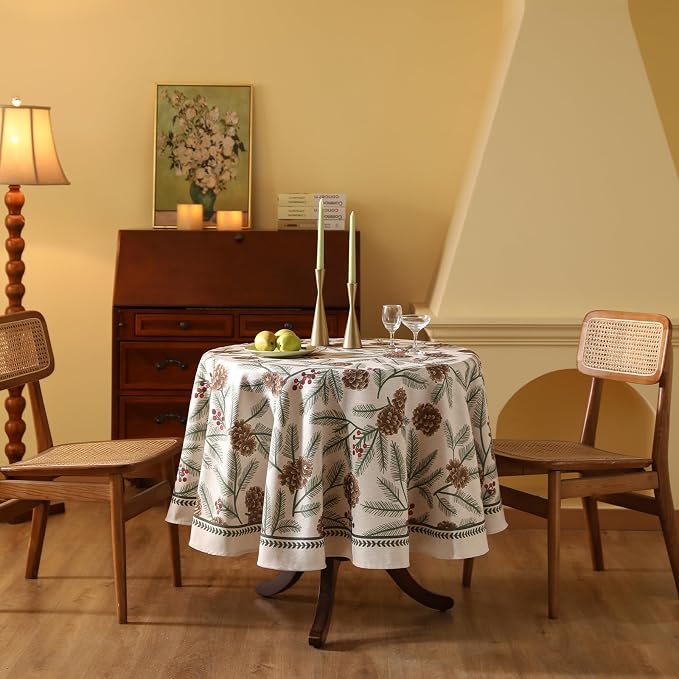 ISAENNE Designer Christmas Beige Linen Small Round Tablecloth, Pinecones - Image 2