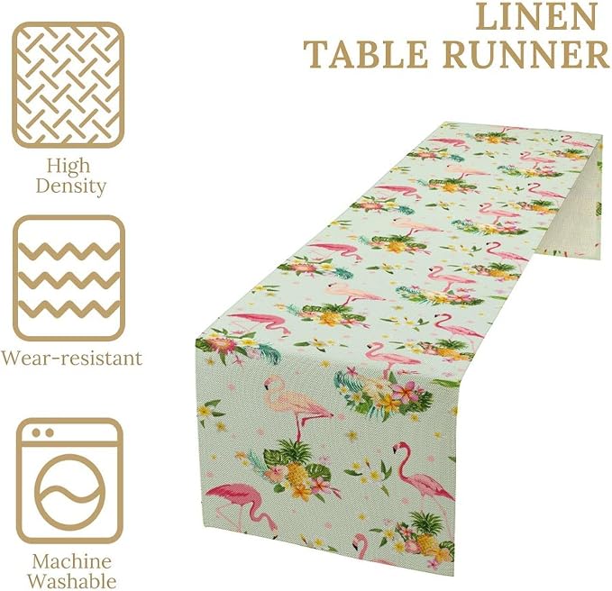 Tropical Flamingo Table Runner, Spring Summer Floral Dots Pineapples Hawaiian - Image 4