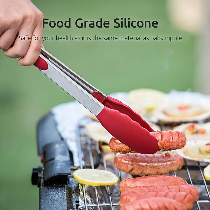 Tongs in 7, 9 and 12 Inch, Stainless Steel and Silicone, Red
