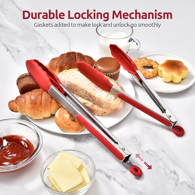 Tongs with Silicone Tips, Locking Stainless Steel, Red