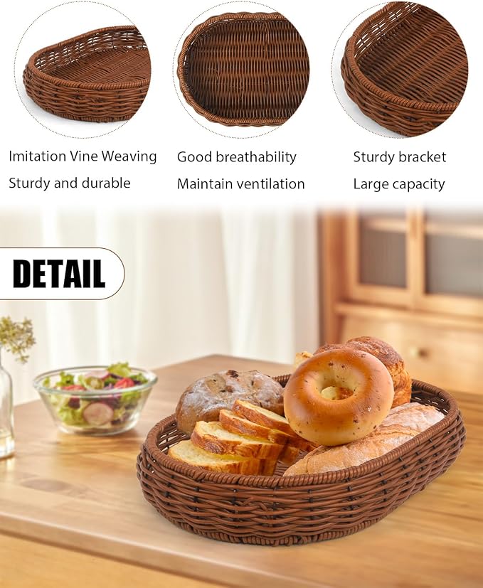 Woven Bread Basket, 3 Pack Wicker Fruit Baskets Rattan Bread Basket Poly Wicker - Image 3