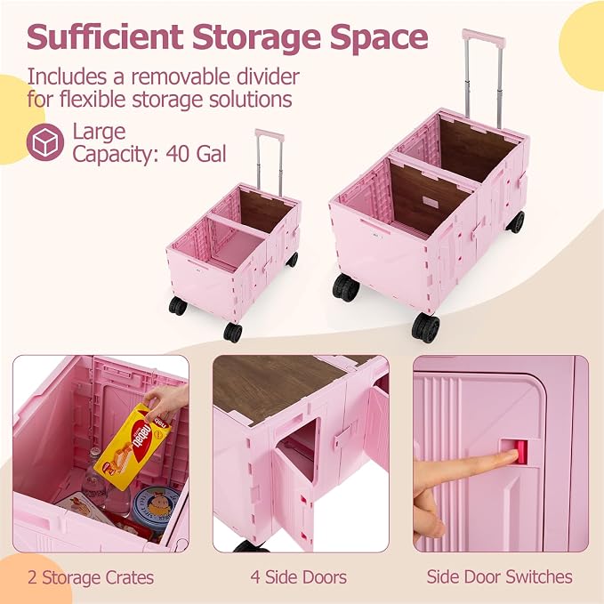 Goplus Large Foldable Utility Cart w/ 2-Tier Storage Crates, 5 Rotate Wheels - Image 4