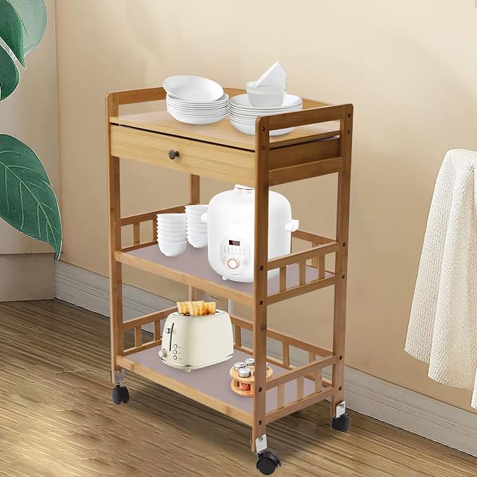 Bamboo Serving Cart with Drawer and Fence Rail, Kitchen Storage Organizer - Image 4