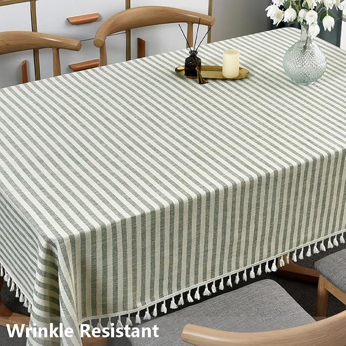 TruDelve Rectangle Cloth Tablecloths Olive Green Striped Tablecloth Boho Fabric - Image 3
