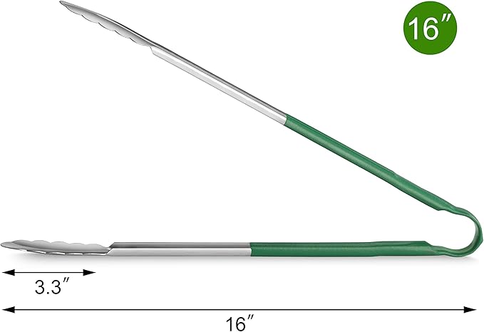 Serving Tongs, 16-Inch Stainless Steel with Green Vinyl Coating, Set of 12