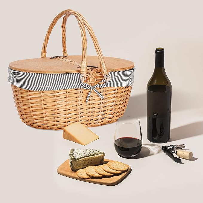 Wicker Picnic Basket with Liner, Wooden Split Lid Picnic Basket, Vintage-Style - Image 3