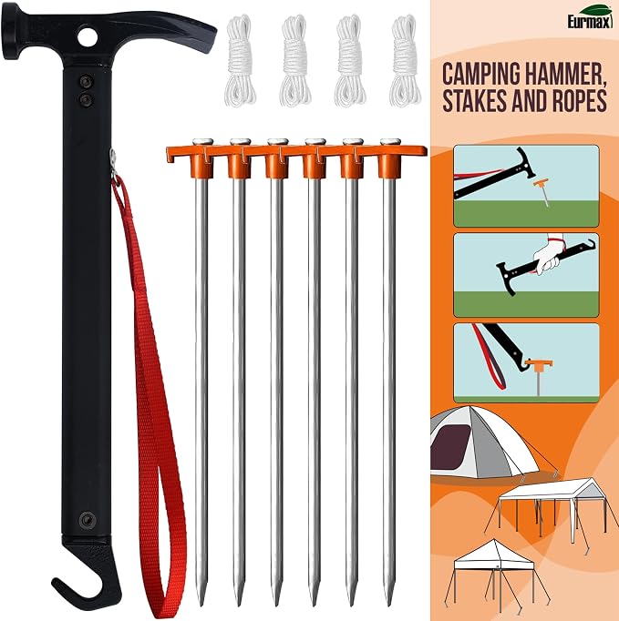 Eurmax USA Hiking Camping Tent Stakes and Hammer Set Lightweight Multi-Function by Eurmax
