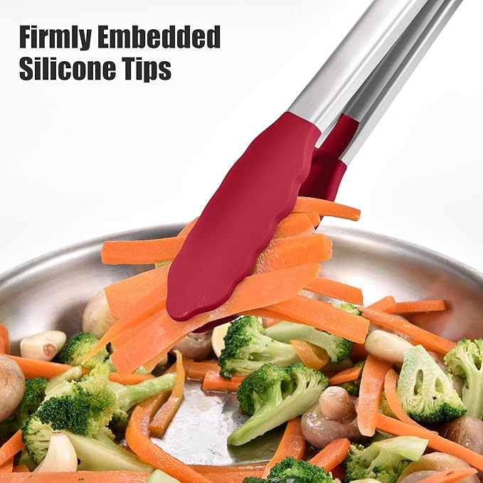 Stainless Steel Cooking Tongs, 17.2-Inch Red, 600°F Heat-Resistant Tips