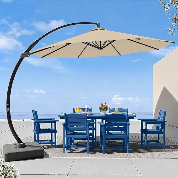 7 Piece Patio Dining Set with 11ft Patio Umbrella, 7 Navy Outdoor HDPE Dining by Unknown