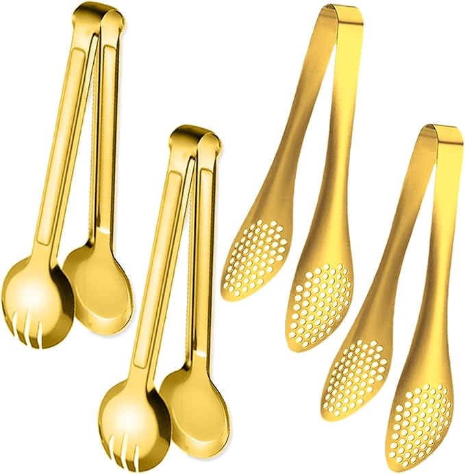 Tongs Set of 4, 9.5 Inch Gold Stainless Steel Food-Grade Serving Tongs
