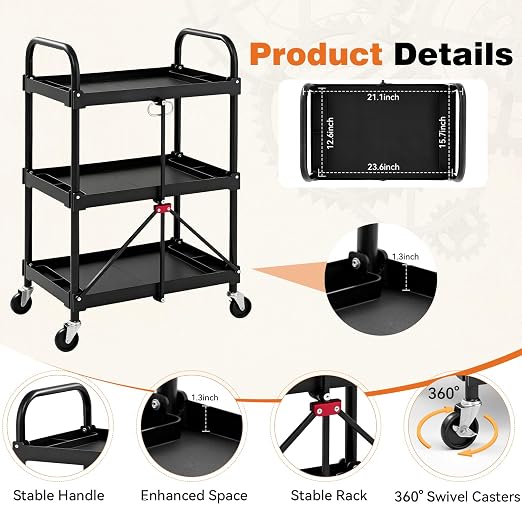 DUMOS 3-Tier Folding Utility Cart, Collapsible Service Cart - Image 5