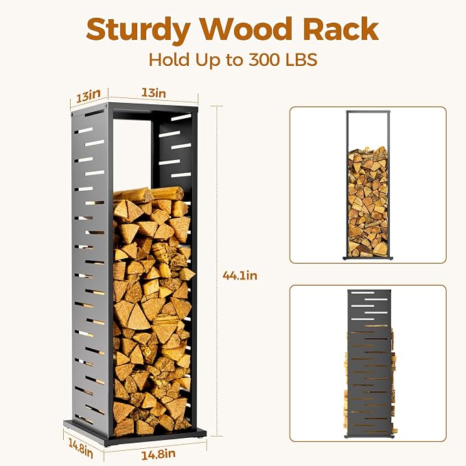 4ft Firewood Rack with Louver Pattern, Fire Wood Rack Log Holder with Hooks - Image 2