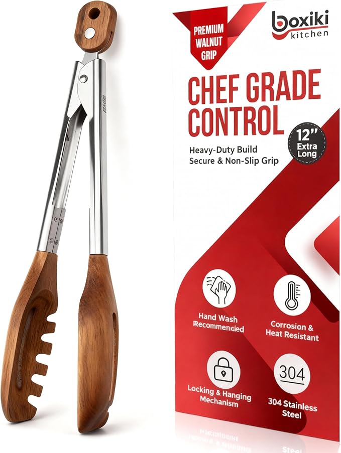Tongs 12 Inch Walnut Wood 3-in-1 Pasta Server and Grill Tool