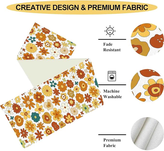 Groovy Floral Table Runner, Retro 70s Hippie Floral Funky Cute Flower Trippy - Image 5