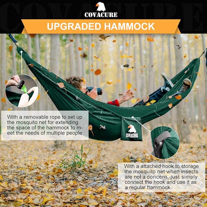 Hammock for Camping, Dark Green 210T Parachute Nylon Double Hammock