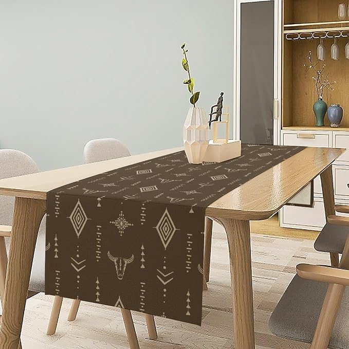 Western Cow Skull Table Runner, Vintage Boho Aztec Cow Ethnic Pattern Printed - Image 3
