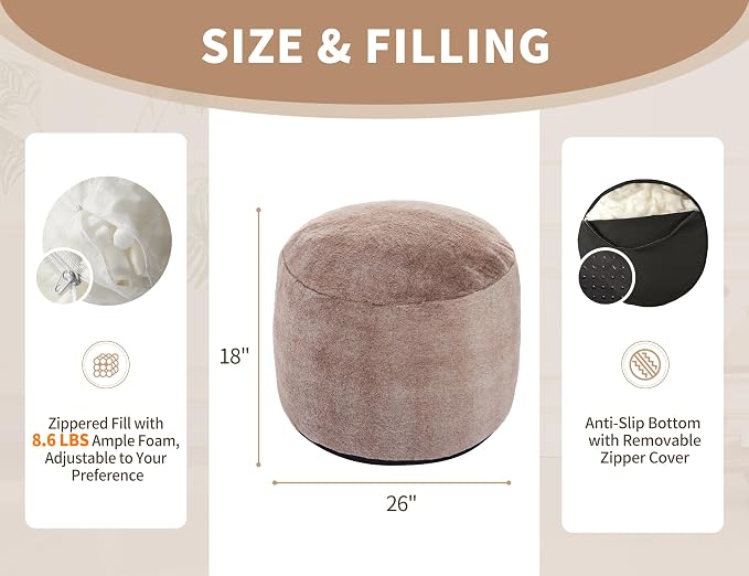 Round Pouf Ottoman 26 * 18" Small Ottoman Foot Rest Pouf Brown Foot Stools - Image 2