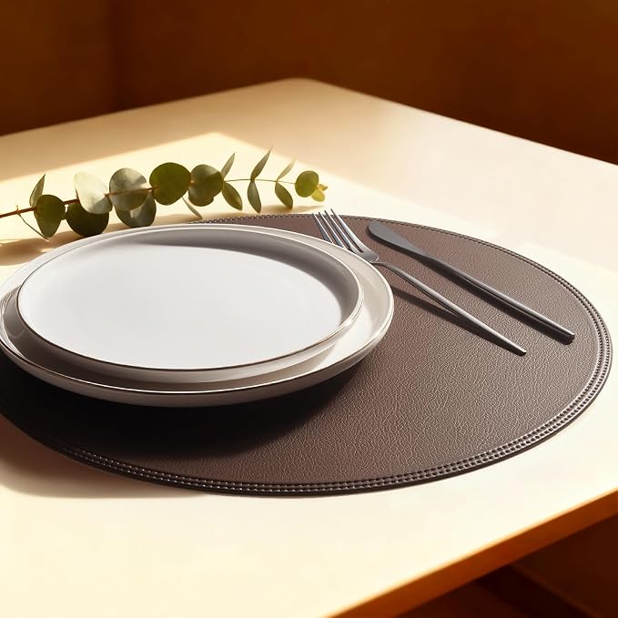 Round Vinyl Brown Placemats Set of 6, Faux Leather Waterproof Wipeable Heat by Rinpon