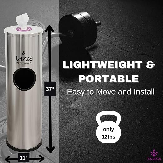 Tazza Gym Wipe Dispenser with Stainless Steel Floor Stand, Built-in Trash Can - Image 2