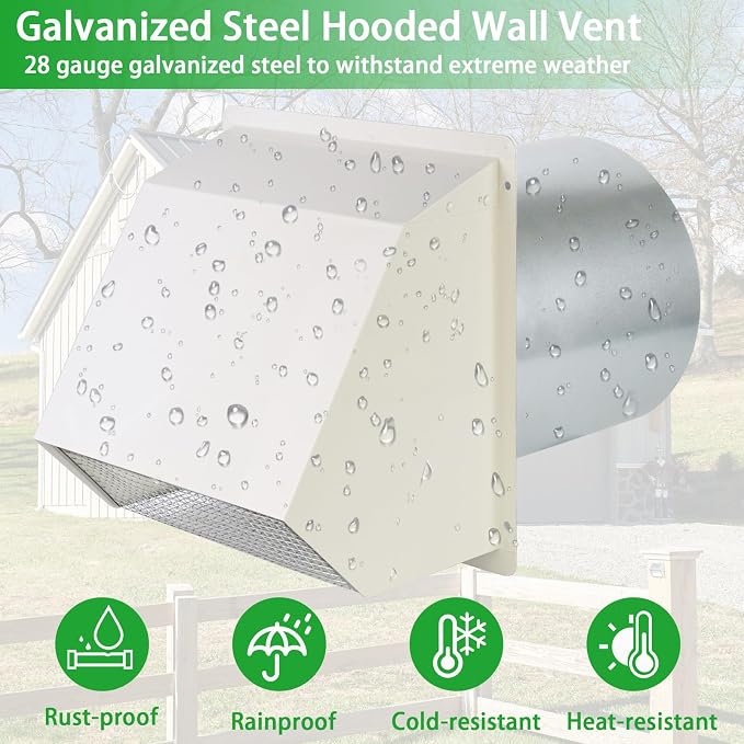 8 Inch Hooded Wall Vent with Screen and Damper, Outdoor Wall Exhaust Vent Cover - Image 6