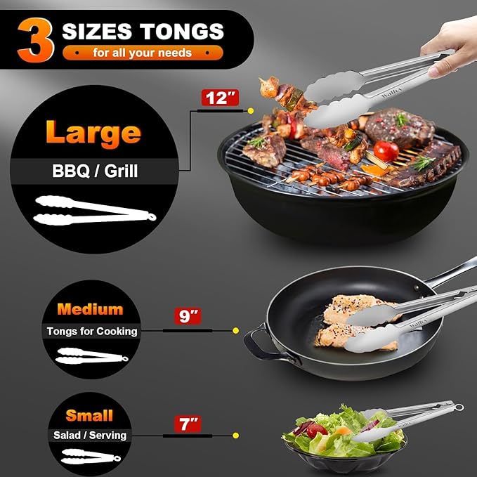 Tongs 2-Pack, 12-Inch Stainless Steel with Locking Pull-Ring